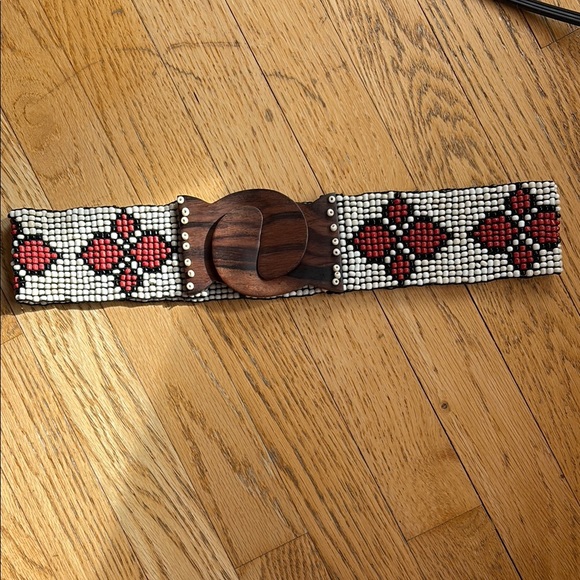 NWOT Vintage Geometric Chevron Beaded Stretch Belt With Wooden Clasp - Picture 16 of 16